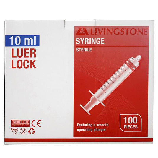 Livingstone Syringe Luer Lock Tip Red Plunger Sterile 10ml 100 Pieces/Box