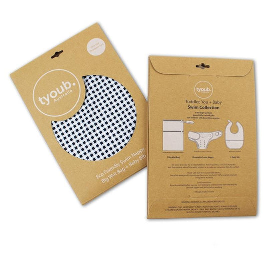 tyoub On The Go - Gift Set, Reusable Swim Nappy, Wet Bag and Baby Bib - Black Check One Size