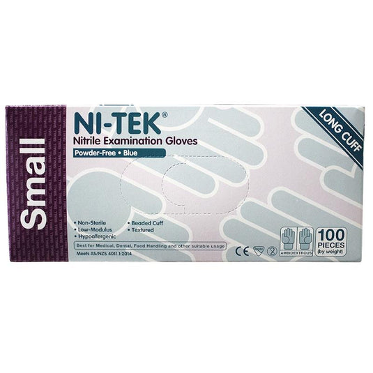 NI-TEK Nitrile Examination Gloves Long Cuff AS NZ Powder Free Small 100 Pieces/Box