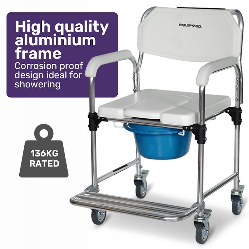 Load image into Gallery viewer, Equipmed Commode Shower Chair with Wheels White &amp; Blue
