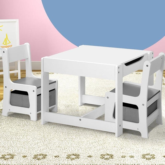 Oikiture Kids Table and Chairs Set Activity Play Study Desk w/ Toys Storage Box White & Grey