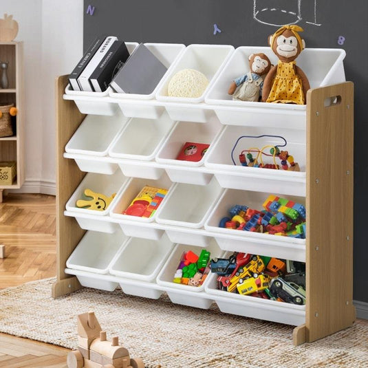 Oikiture Kids Toy Box Organiser 16 Bins Display Shelf Storage Rack Drawer White & Wooden