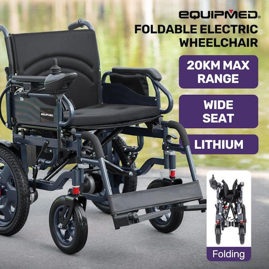 Equipmed Electric Folding Wheelchair, Wide Bariatric Chair Seat, Comfortable for S-XL, Long Range, Lithium Battery Black