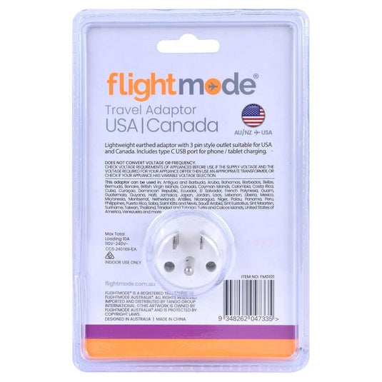 Flightmode Outbound AU/NZ to USA/CANADA Travel Adaptor with USB Type C & A 1Unit