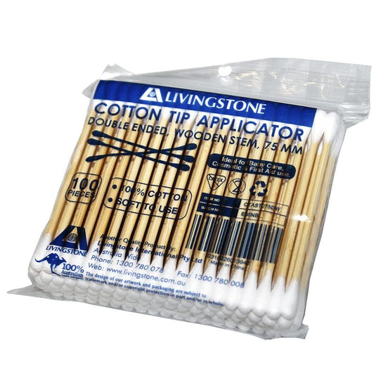 Livingstone Cotton Tip Applicator Double Tipped Biodegradable Wooden Stem 7.5cm 100 Pieces/Pack