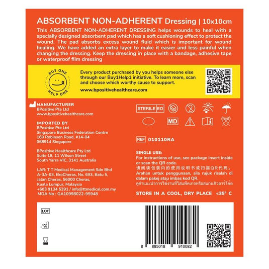 bpositive Absorbent Non-Adherent Dressing 10x10cm 2Pack