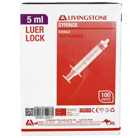 Livingstone Syringe Luer Lock Tip Red Plunger Sterile 5ml 100 Pieces/Box