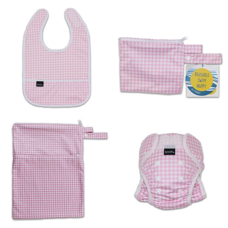 Load image into Gallery viewer, tyoub On The Go - Gift Set, Reusable Swim Nappy, Wet Bag and Baby Bib - Pink Check One Size
