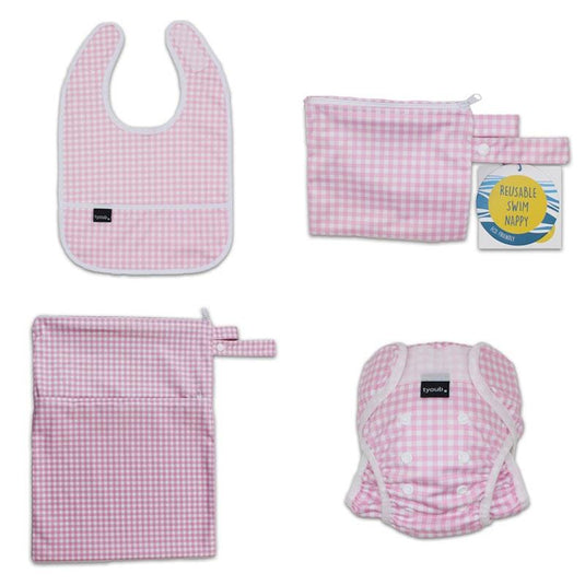 tyoub On The Go - Gift Set, Reusable Swim Nappy, Wet Bag and Baby Bib - Pink Check One Size