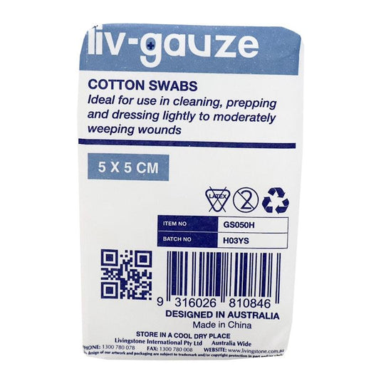Livingstone Gauze Swabs 8 Ply Cotton Non-Sterile 5x5cm 100 Pieces/Box