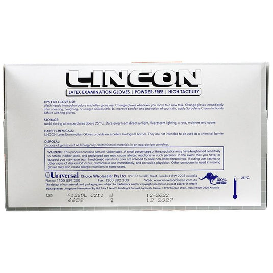 Lincon Biodegradable Latex Examination Gloves AS NZ Powder Free Large 100 Pieces/Box