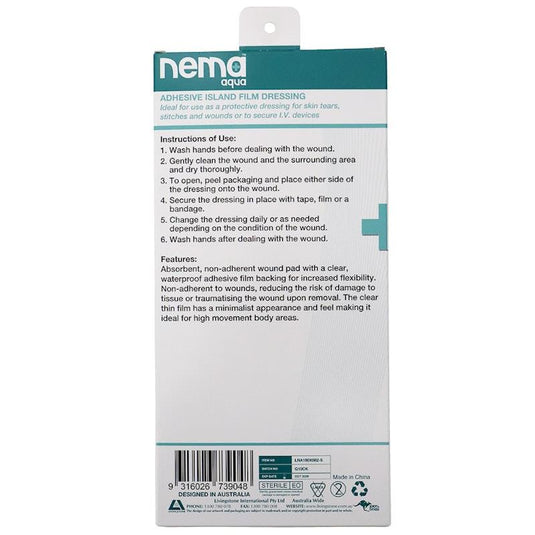Nema Aqua Transparent Island Film Dressing Non-Adherent Pad Waterproof Sterile 18 x 8.2cm 5 Pieces/Box