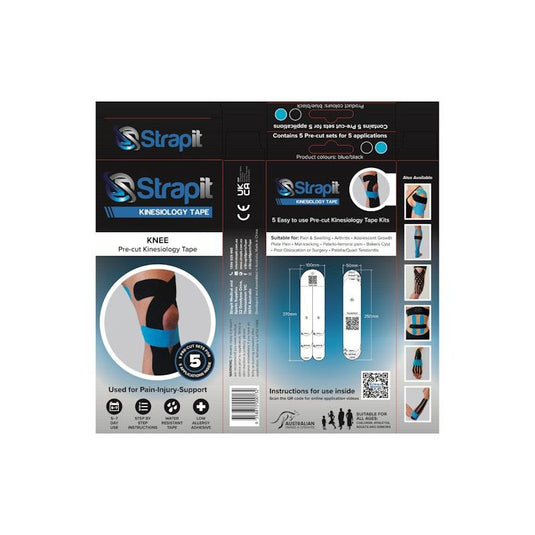 Strapit Knee Precut Kinesiology Tape - BLACK/BLUE - Box of 5 2 Pack