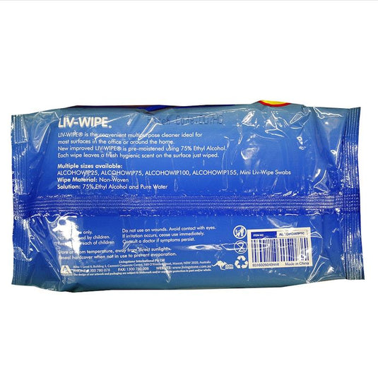 Liv-Wipe Antibacterial 70% Isopropyl Alcohol 50 Wipes Pack