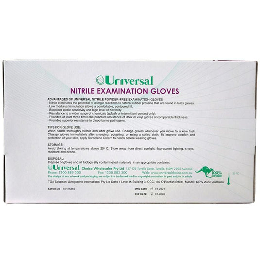 Universal Choice Nitrile Examination Gloves AS NZ Powder Free Small 100 Pieces/Box
