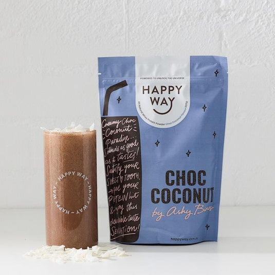 Happy Way Ashy Bines Choc Coconut Whey Protein Powder 500g