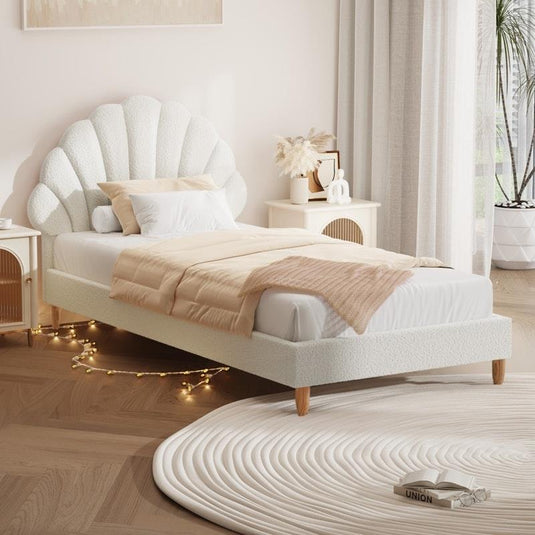 Oikiture Bed Frame Single Size Scallop-Shape Bedhead Boucle White