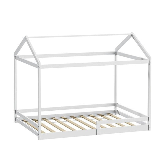 Oikiture Kids Wooden Bed Frame Timber House Beds Base with Fence Double White