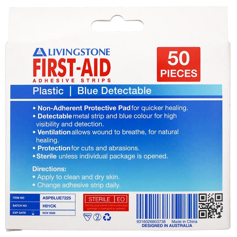 Load image into Gallery viewer, Livingstone Metal Detectable Blue Adhesive Strips with Pad Waterproof 72 x 25mm 50 Pieces/Box
