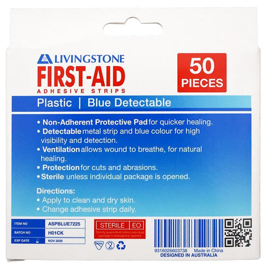 Livingstone Metal Detectable Blue Adhesive Strips with Pad Waterproof 72 x 25mm 50 Pieces/Box