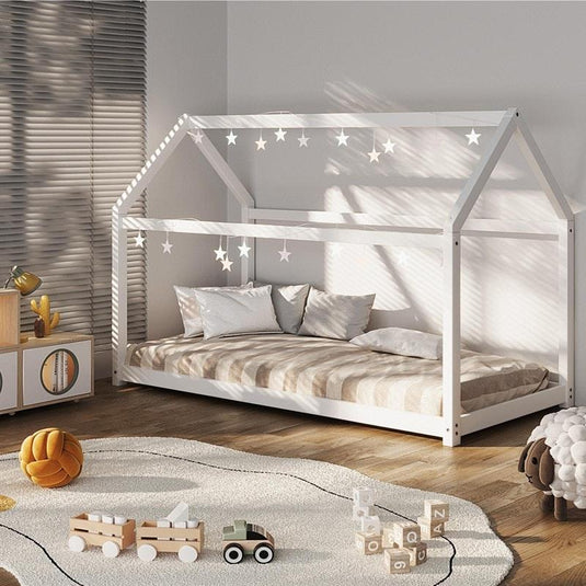 Oikiture Bed Frame Single Wooden Timber House Style Platform White 1unit