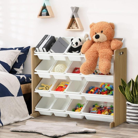 Oikiture Kids Toy Box Organiser 16 Bins Display Shelf Storage Rack Drawer White & Wooden