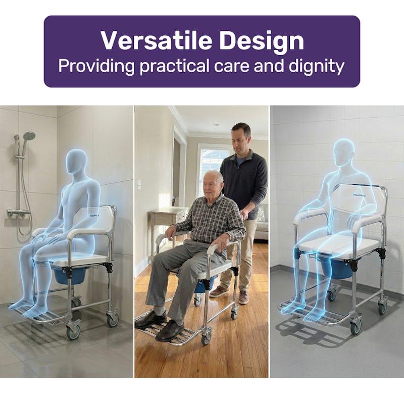 Load image into Gallery viewer, Equipmed Commode Shower Chair with Wheels White &amp; Blue
