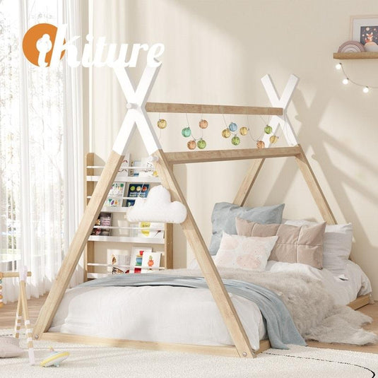 Oikiture Kids Bed Frame Wooden Timber King Single Teepee House Frame Beds 1unit