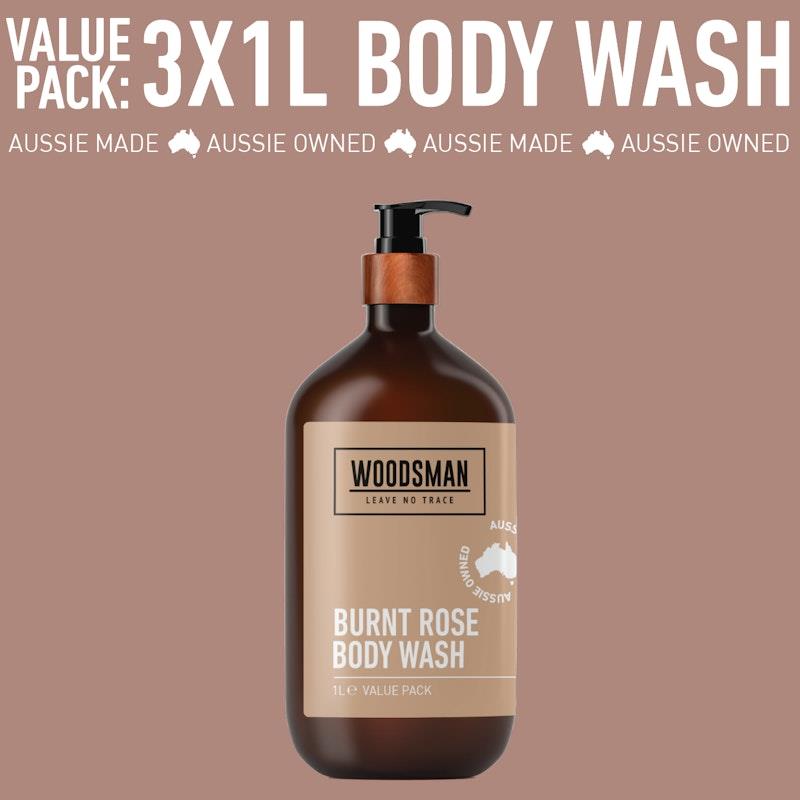 Load image into Gallery viewer, Woodsman Burnt Rose Body Wash 1L 3 Pack
