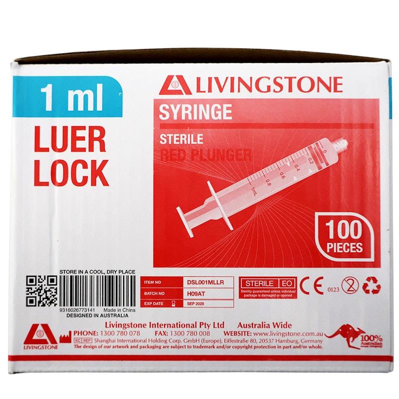 Load image into Gallery viewer, Livingstone Syringe Luer Lock Tip Red Plunger Sterile 1ml 100 Pieces/Box
