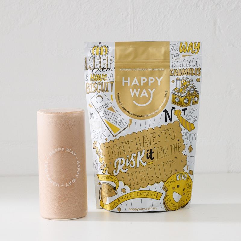 Load image into Gallery viewer, Happy Way Caramel Biscuit Vegan Protein Powder 500g
