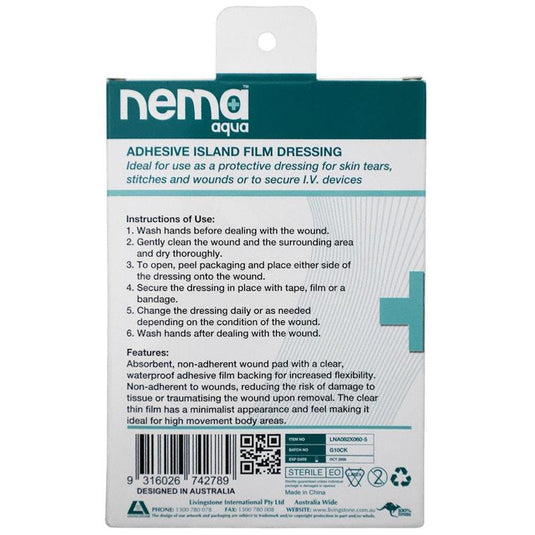 Nema Aqua Transparent Island Film Dressing Non-Adherent Pad Waterproof Sterile 8.2 x 6cm 5 Pieces/Box