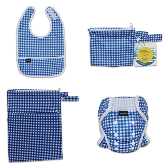 tyoub On The Go - Gift Set, Reusable Swim Nappy, Wet Bag and Baby Bib - Blue Check One Size