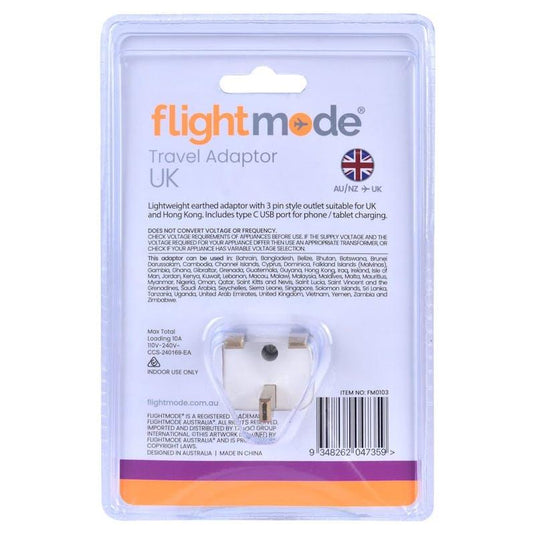 Flightmode Outbound AU/NZ to UK/HONG KONG Travel Adaptor with USB Type C & A 1Unit