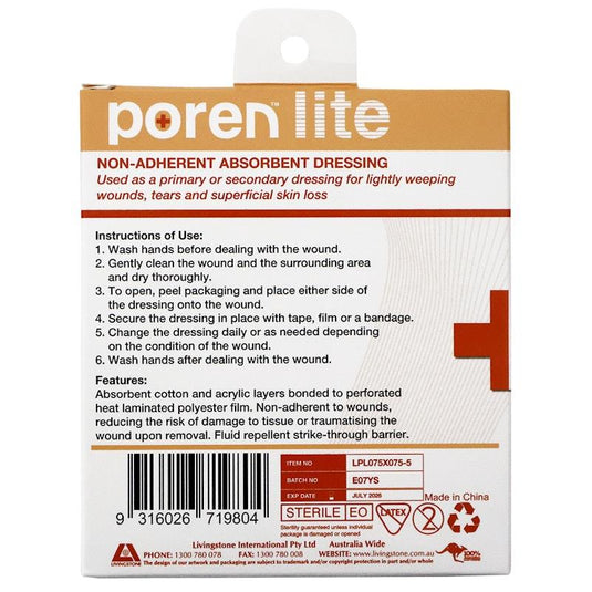 Poren-Lite Non-Adherent Absorbent Dressing Sterile 7.5 X 7.5cm 5Box