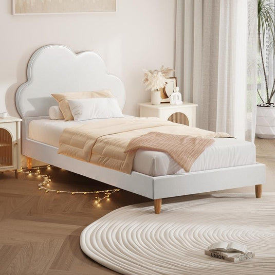 Oikiture Bed Frame Single Size Cloud Kids Bed Frame Leather White