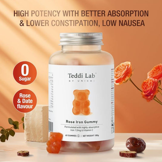 Teddi Lab by Unichi Rose Iron Gummy x3 with Vitamin C - Energy Support, Gentle Formula Pack