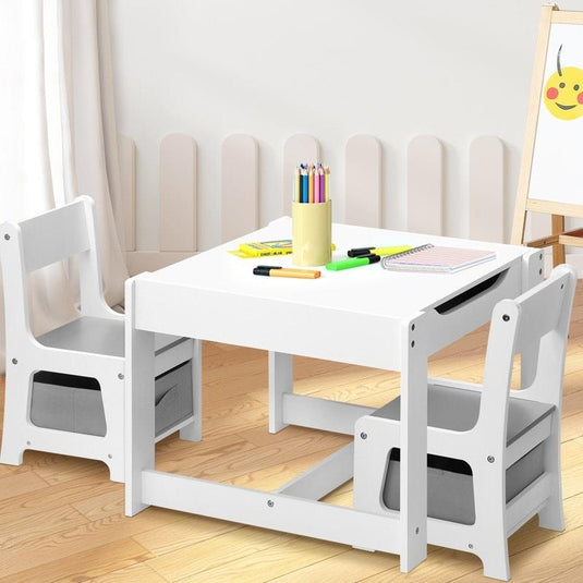 Oikiture Kids Table and Chairs Set Activity Play Study Desk w/ Toys Storage Box White & Grey