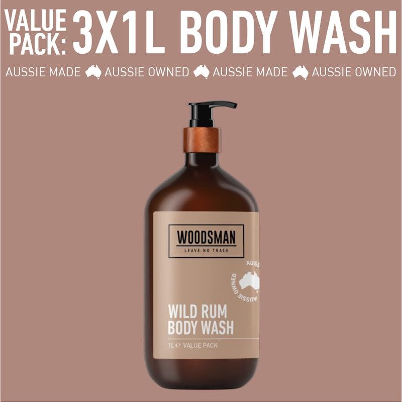 Load image into Gallery viewer, Woodsman Wild Rum Body Wash 1L 3 Pack
