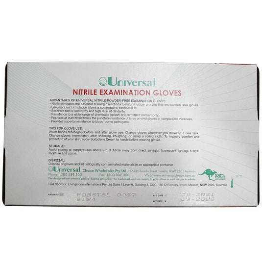 Universal Choice Nitrile Examination Gloves AS NZ Powder Free Large 100 Pieces/Box