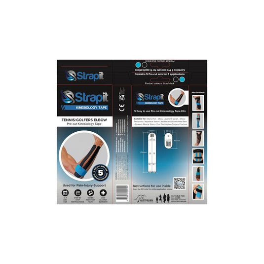 Strapit Tennis Elbow or Golfers Elbow Precut Kinesiology Tape - BLACK/BLUE - Box of 5 2 Pack