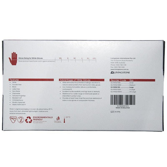 Livingstone Xtreme Thick Heavy Duty Nitrile Gloves Powder Free Black Large 100 Pieces/Box
