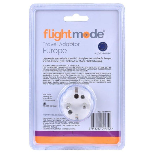 Flightmode Outbound AU/NZ to EUROPE/BALI Travel Adaptor with USB Type C & A 1Unit