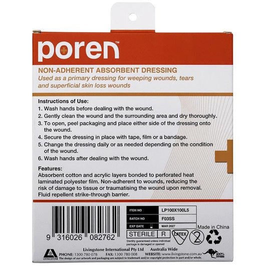 Poren Non-Adherent Absorbent Dressing Sterile 10 x 10cm 5Pack