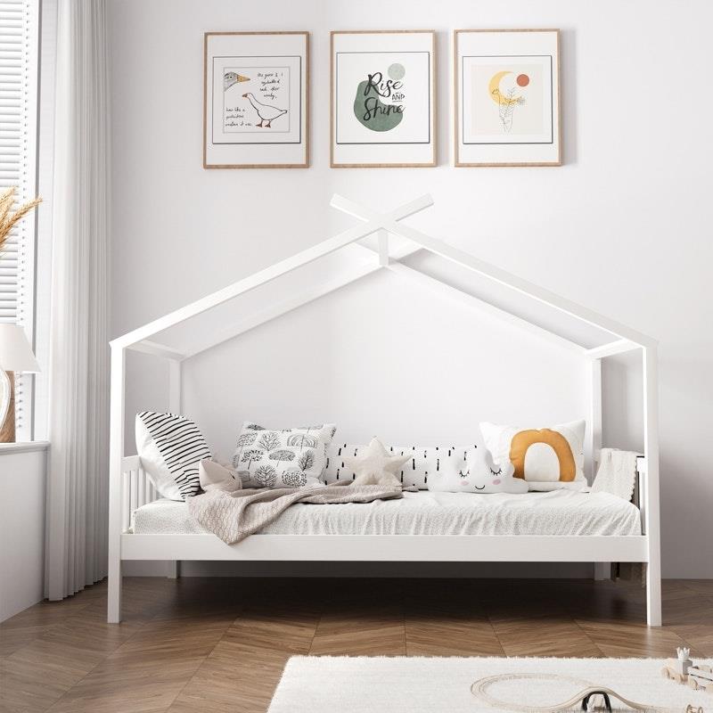Load image into Gallery viewer, Oikiture Bed Frame Wooden Base Kids Single Timber House Beds White 1unit
