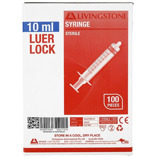 Livingstone Syringe Luer Lock Tip Red Plunger Sterile 10ml 100 Pieces/Box