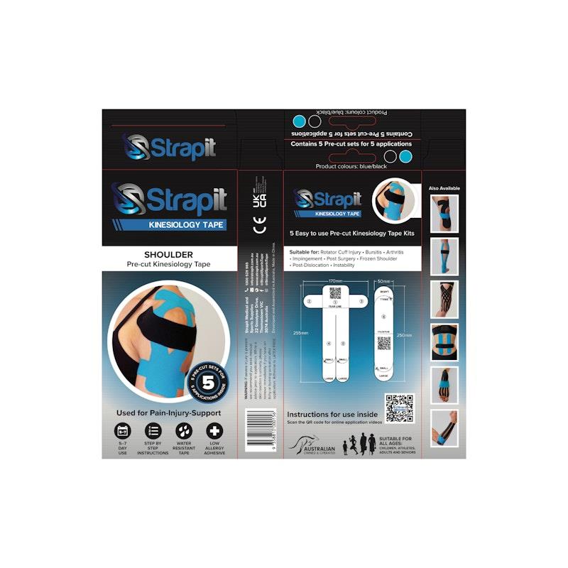 Load image into Gallery viewer, Strapit Shoulder Precut Kinesiology Tape - BLACK/BLUE - Box of 5 2 Pack

