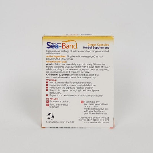 Seaband Nausea Relief Ginger Capsules 2500mg 10 Capsules