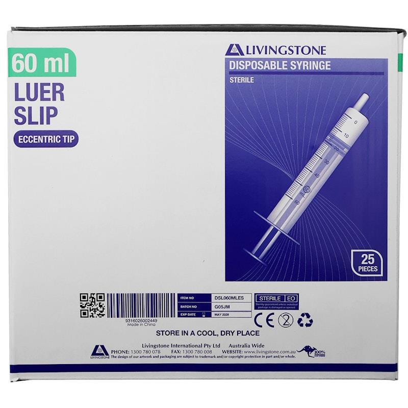 Load image into Gallery viewer, Livingstone Syringe Luer Slip Tip Eccentric Off Centre Nozzle 60ml 25 Pieces/Box
