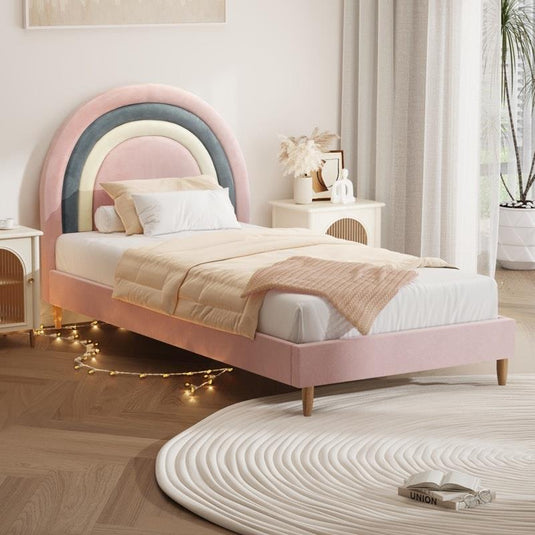 Oikiture Bed Frame Single Size Rainbow Kids Bed Frame Velvet Pink